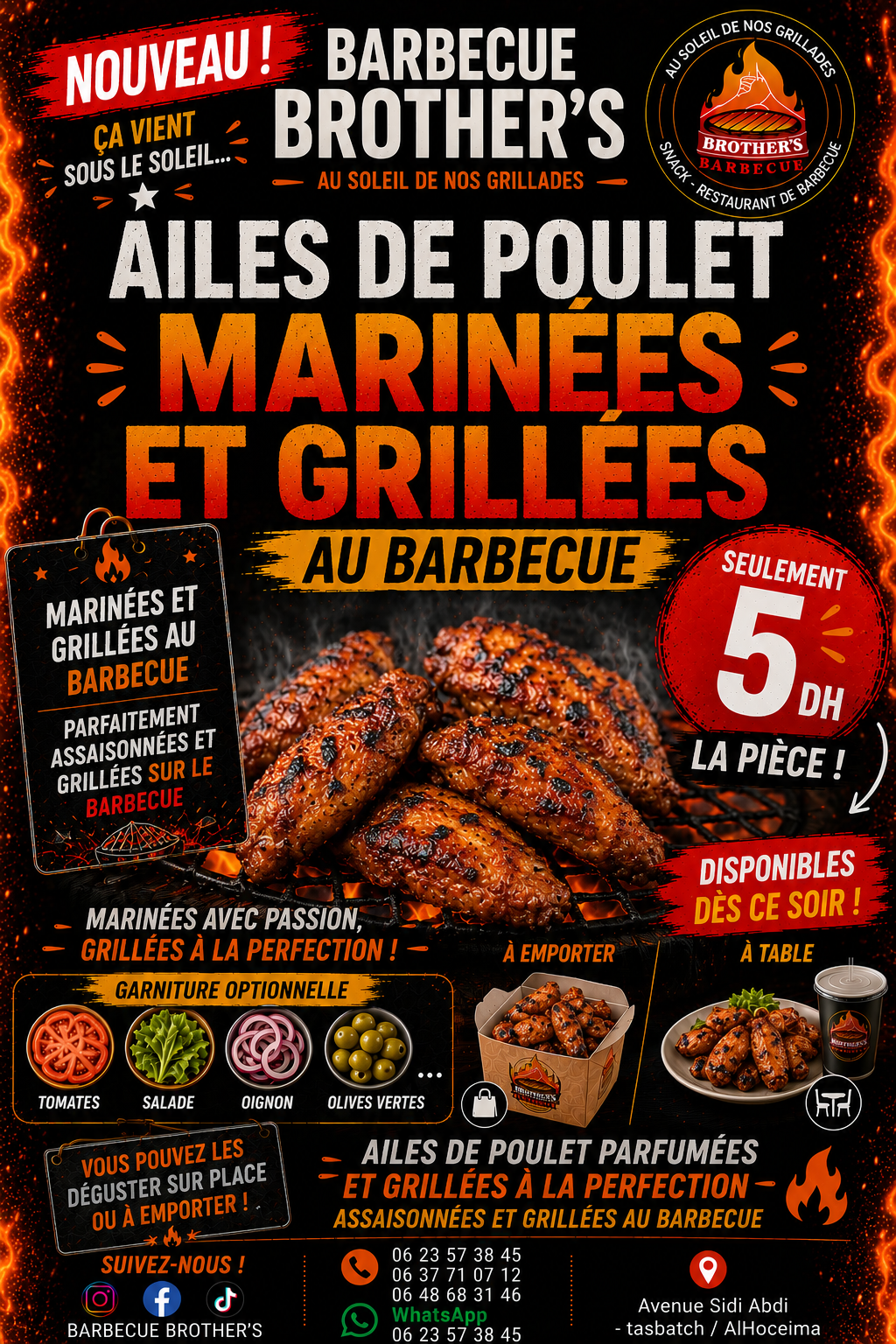 Nouveau : ailes de poulet marinées et grillées au barbecue, 5 DH la pièce